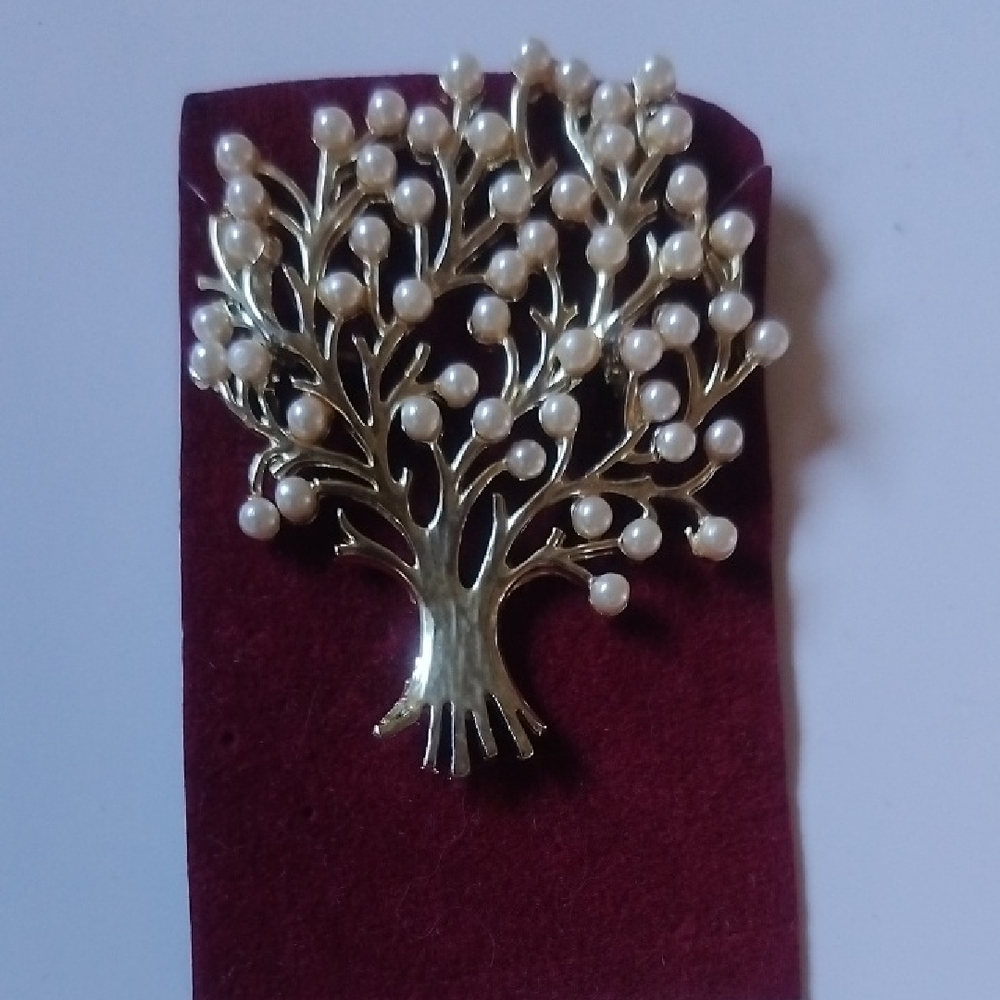 Tree Of Life Gold Pearl Pin / Brooch '60s Vintage